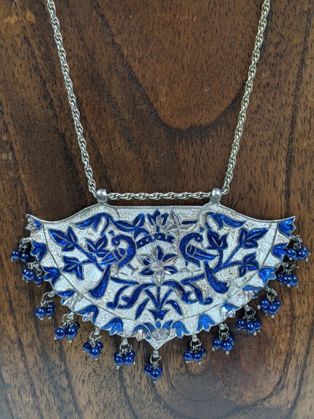 Meenakari Large Statement Necklace Pendant Blue SIlver Floral Bird AS IS